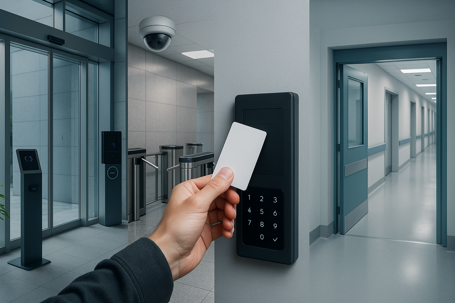 Porta automática com controle de acesso em entrada corporativa